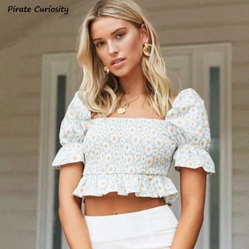 

Pirate Curiosity Floral Printed Blouse Spring 2020 Square Collar Puff Sleeve Vintage Shirts Boho Sexy Slim Women Short Blouse