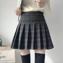 Женская плиссированная юбка в консервативном стиле с завышенной талией, женские мини-юбки, короткая юбка в винтажном стиле, Клетчатая Шерстяная Юбка в клетку