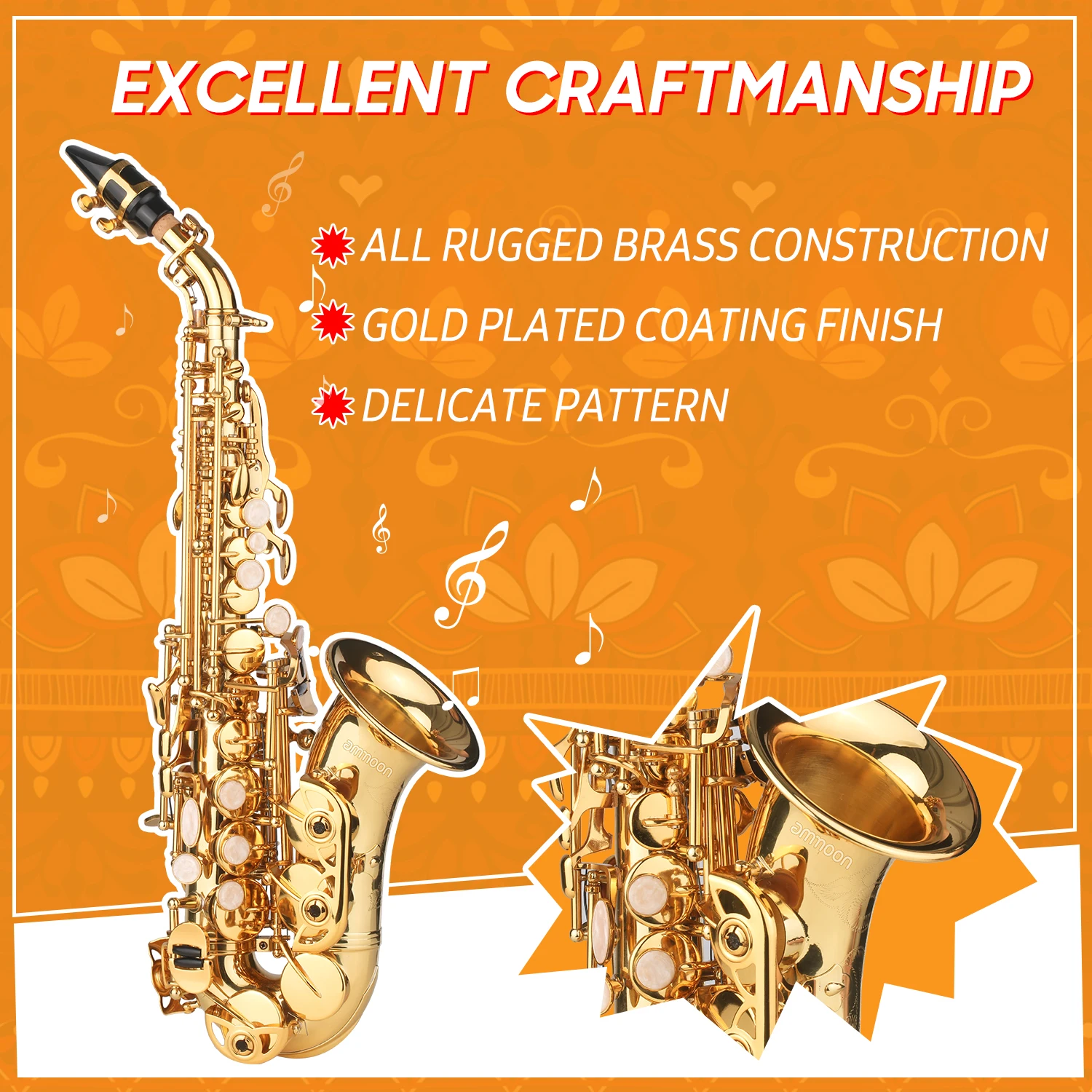 Ammoon Bb Sopran Saxophon Gold Lack Messing Sax mit Instrument Fall Mundstück Neck Strap Reinigung Tuch Pinsel für Musiker