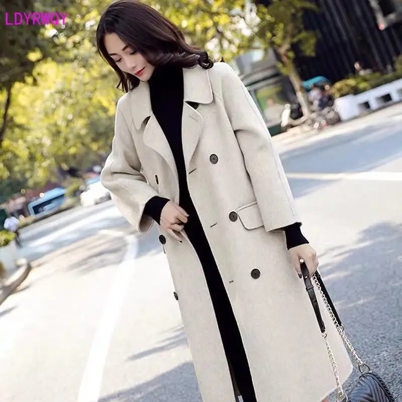 Осенне-зимнее Новое корейское модное женское двубортное длинное шерстяное пальто с лацканами и длинными рукавами