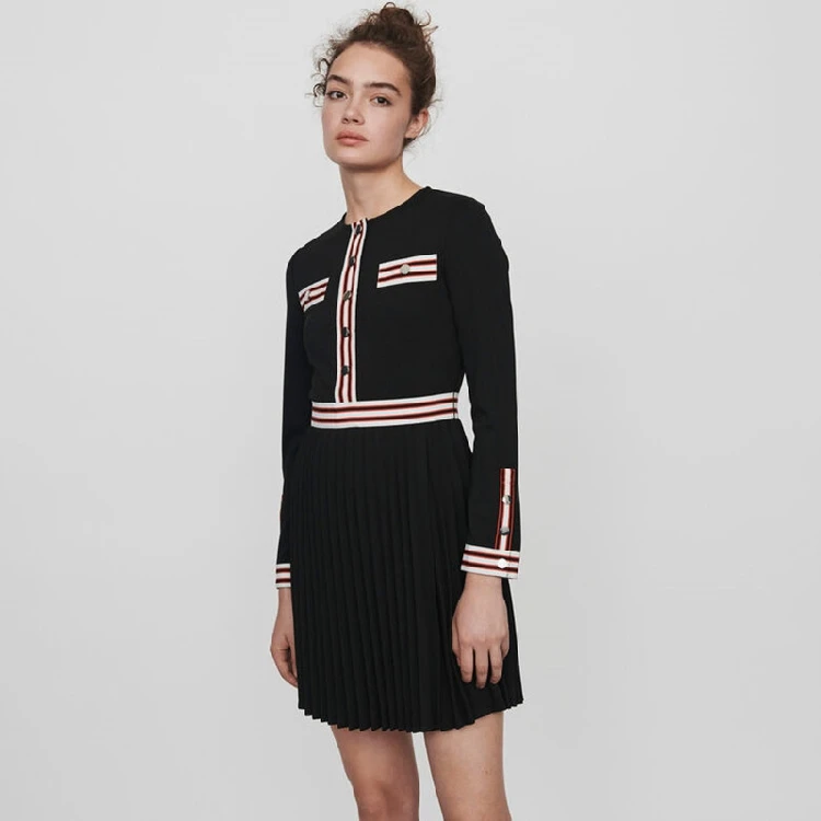 Boutique Contrast Stripes Pleated Dress Preppy Style Covered Button Placket Mini Dress Classic Round Neck Ribs Panel Crepe Dress