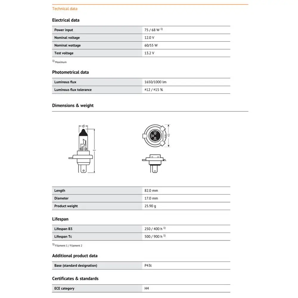 OSRAM 자동차 할로겐 헤드라이트 자동 전구, 독일제 표준 램프, 단일 64193, H4, 9003, HB2, 12V, 60 W, 55W, P43t, 3200K