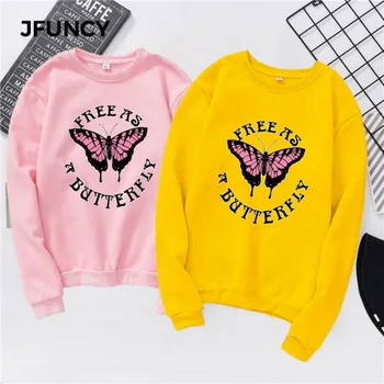 

JFUNCY Oversize Hoodies Women Sweatshirts Harajuku Free As Butterfly Print Woman Streetwear Hoodie Spring Plus Size Ladies Hoody