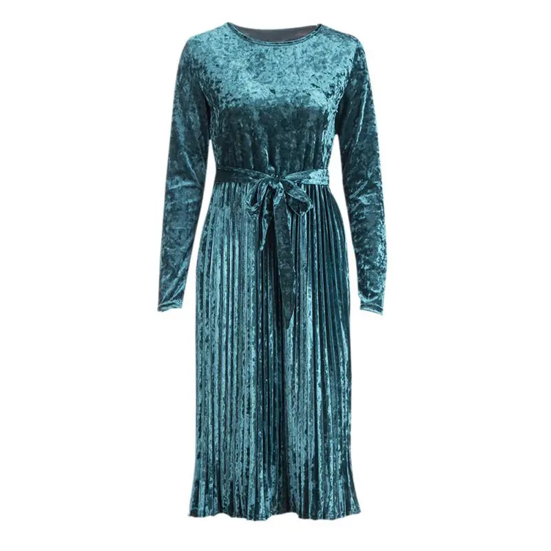 

2018 Women Fashion Dress Long Sleeve Warm Elegant Velour Party Dress Female Long Vestidos Autumn Winter Pleated Velvet Dresses