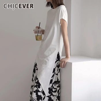 

CHICEVER Women White Pleated Asymmetrical Temperament T-shirt New Round Neck Short Sleeve Fashion Tide Spring Summer 2020