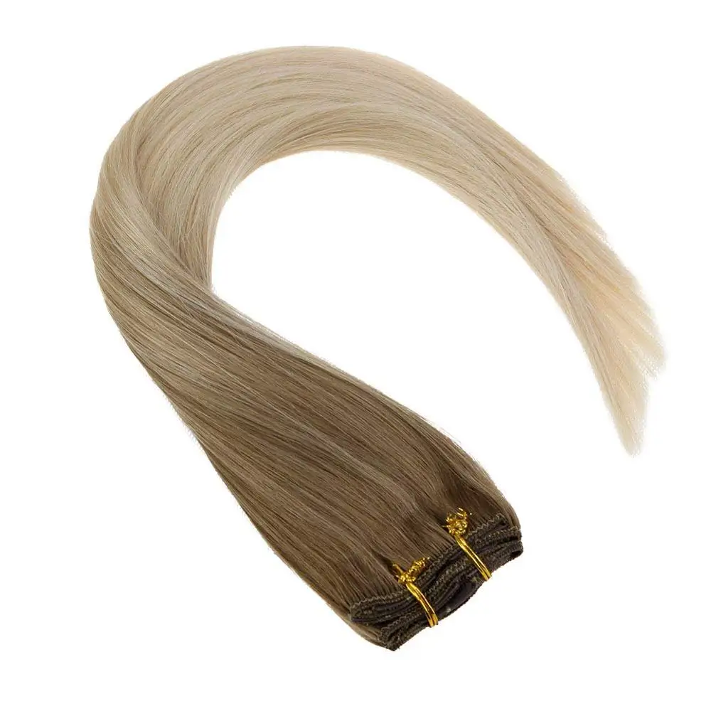 VeSunny Clip in Hair Extensions Real Human Hair 7pcs Clip on Extensions Balayage Ombre Blonde#14/60 120gr