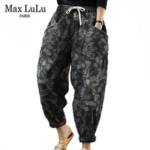 Max LuLu новые корейские модные женские цветочные джинсы с мехом, женские свободные джинсовые брюки с принтом, зимние теплые шаровары размера плюс