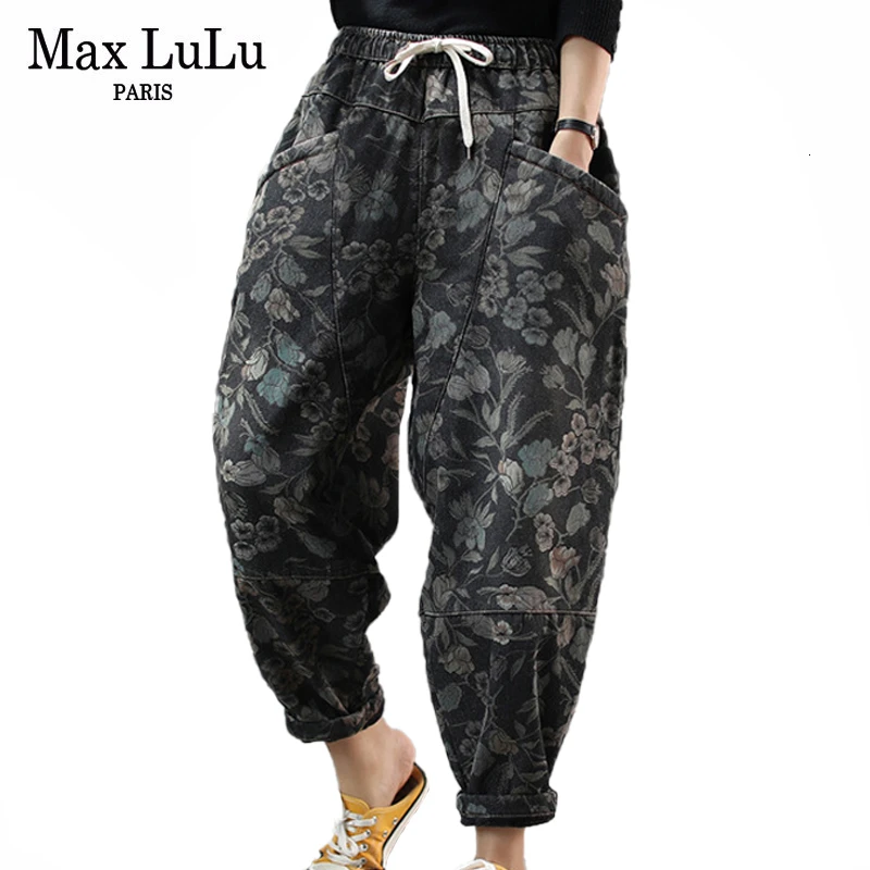 Женские джинсы с мехом Max LuLu свободные джинсовые брюки цветочным принтом зимние