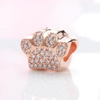

New Authentic 925 Sterling Silver Beads Rosegold Crystal Pet Footprint Charms Fit Original Pan Bracelet Women DIY Jewelry