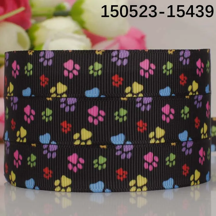

free shipping 50 yards 5/8' 16mm black background dog paw pattern printed grosgrain ribbons