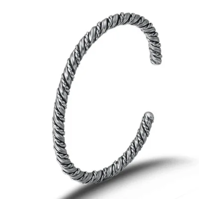 

925 sterling silver Adjustable Bangle Women Men Round Weave Hemp Rope Opening Bracelet Bangle
