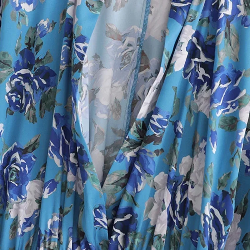 Женский синий Модный богемный комбинезон с цветочным принтом Za летний Boho короткий рукав с высокой талией с поясом Длинный комбинезон верхняя одежда
