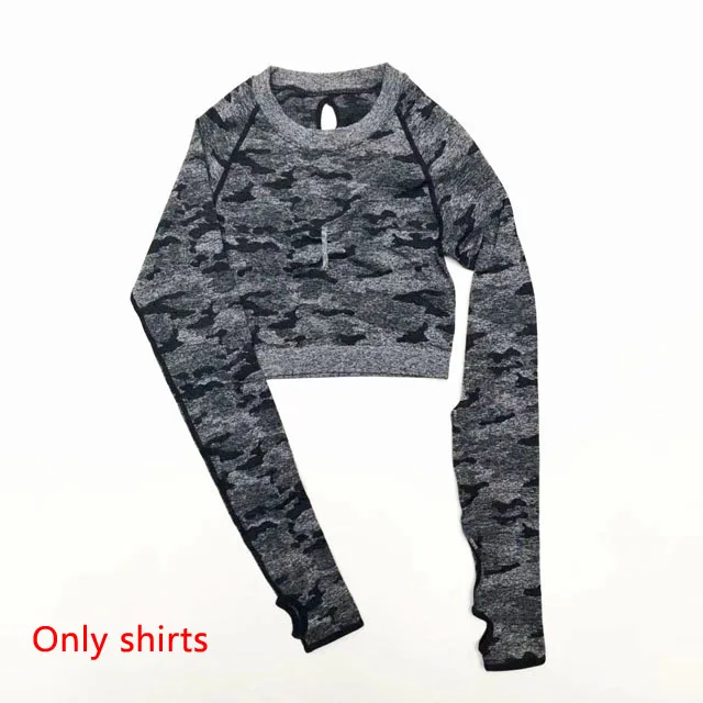 Black Shirts 3 шт., камуфляжный бесшовный комплект для йоги, спортивная одежда для женщин, одежда для фитнеса, Леггинсы для йоги+ спортивный бюстгальтер+ укороченный Топ с длинным рукавом, спортивные костюмы для спортзала - Цвет: Black Shirts