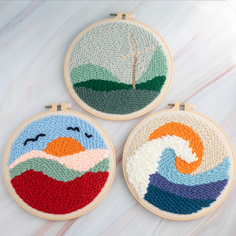 Punch Needle Embroidery Kit Soft Yarn 20cm Embroidery Hoop Landscape Scenery 