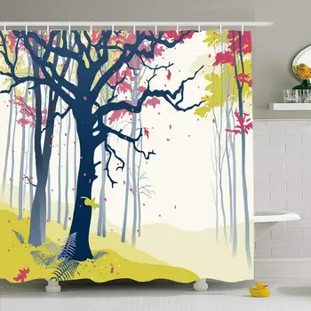 

Shower Curtain 72 x 78 Inches Woodland Branches Forest Autumn Nature Red Copy Space Deciduous Fall Design Trees Waterproof