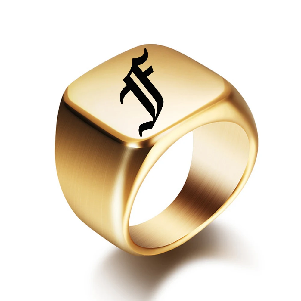 Mens Gold Color Flat Signet Rings With Letter Engraved Stainless