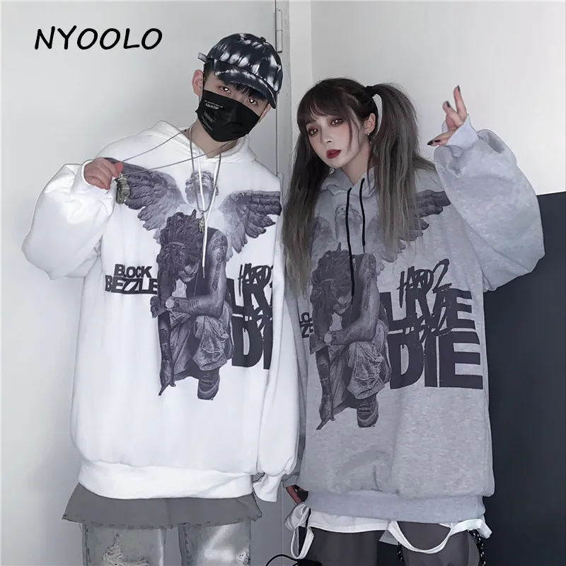 NYOOLO осень зима Крылья ангела с буквенным принтом свободные толстовки Harajuku уличные пуловеры с капюшоном Теплая Флисовая Толстовка для женщин и мужчин
