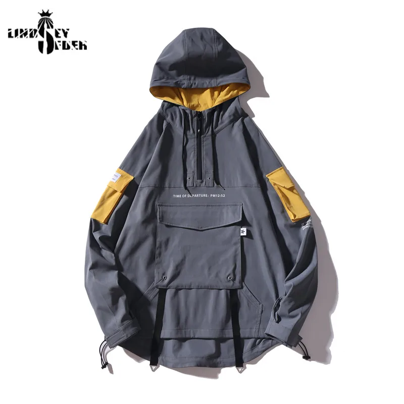 

Men's Jacket Hoodies Windbreaker One Piece Pullover Curve Bottom Sleeve Pockets Streetwear Hip Hop Track Jacket Coat Outwear