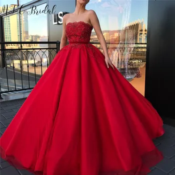 

Luxury Red Long Prom Dresses Exquisite Beaded Tulle Ball Gown Strapless Formal Dress Customize 2019 New Vestido De Festa