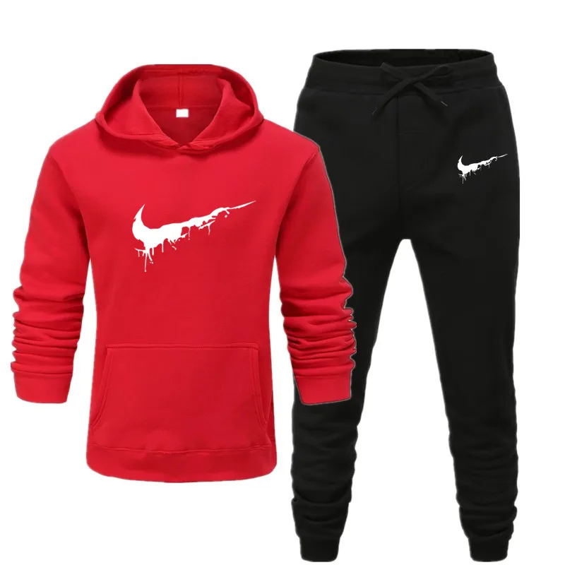 Мужской Хлопковый спортивный костюм, толстовки, тренировочные штаны, спортивные комплекты, спортивная одежда фиолетового цвета, цельный спортивный костюм с длинными рукавами, модная одежда большого размера - Цвет: Red and Black