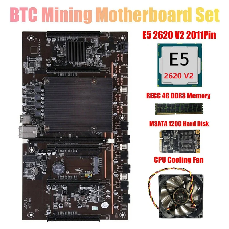 X79 H61 BTC Mining Motherboard 5X PCI-E Support 3060 3070 3080 GPU with E5 2620 V2 CPU RECC 4GB DDR3 Memory 120G SSD+Fan | Компьютеры и