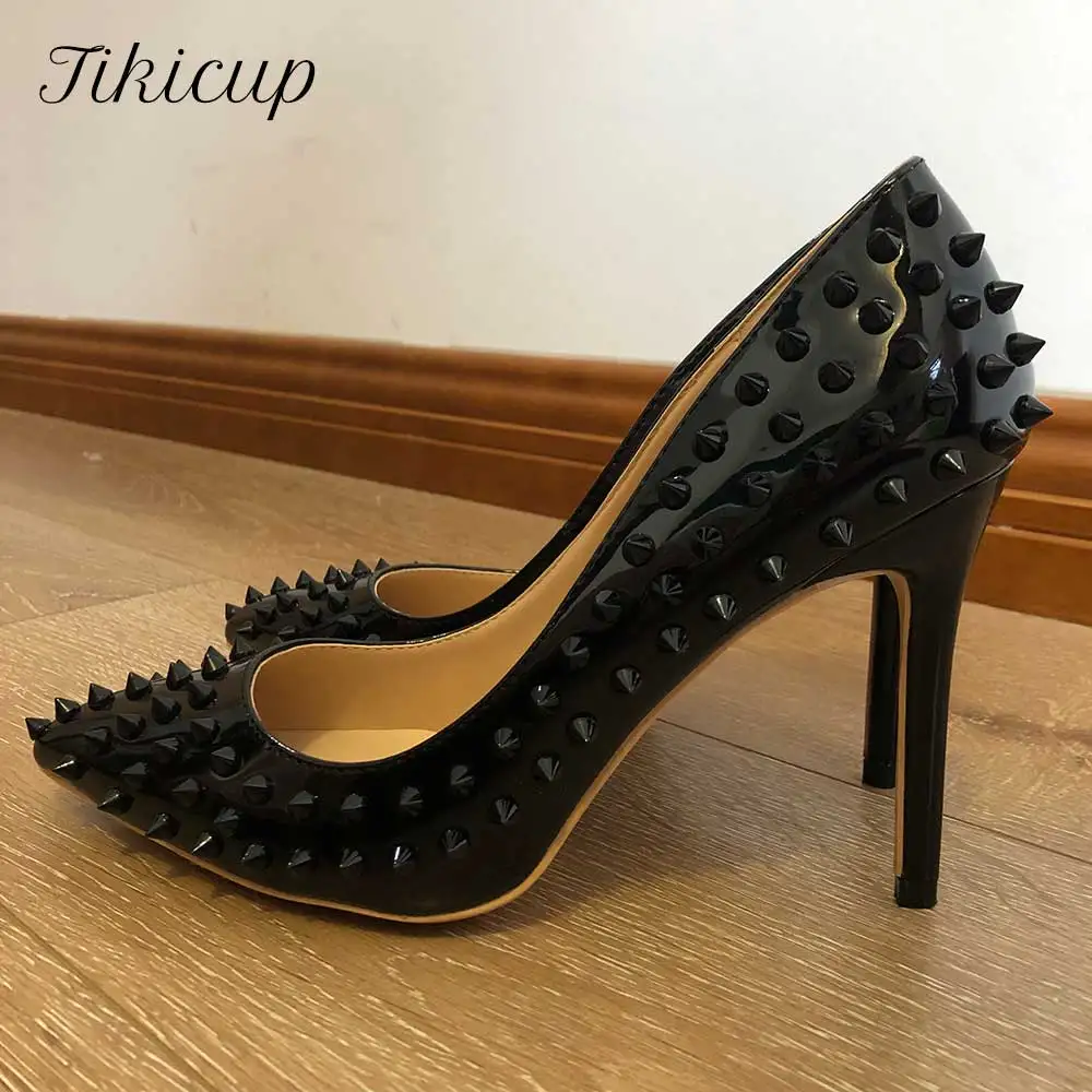 Tikicup Full Spikes Women Nude Patent Pointy Toe High Heels Sexy Ladies  Slip On Stilettos Studs Pumps Wedding Party Dress Shoes - AliExpress