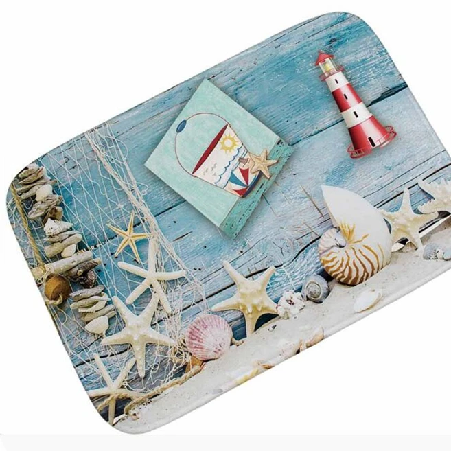 Cute Starfish Conch Lighthouse Bath Mat Trendy Aqua Mint Blue Wooden Planks Kids Room Doormat Rug Carpet Rubber Ocean Home Decor | Дом и сад