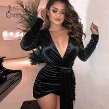 Justchicc вельветовое сексуальное платье с глубоким v-образным вырезом, женское Бандажное платье, вечерние мини платья для клуба, Осеннее элегантное облегающее платье Feeme, черное