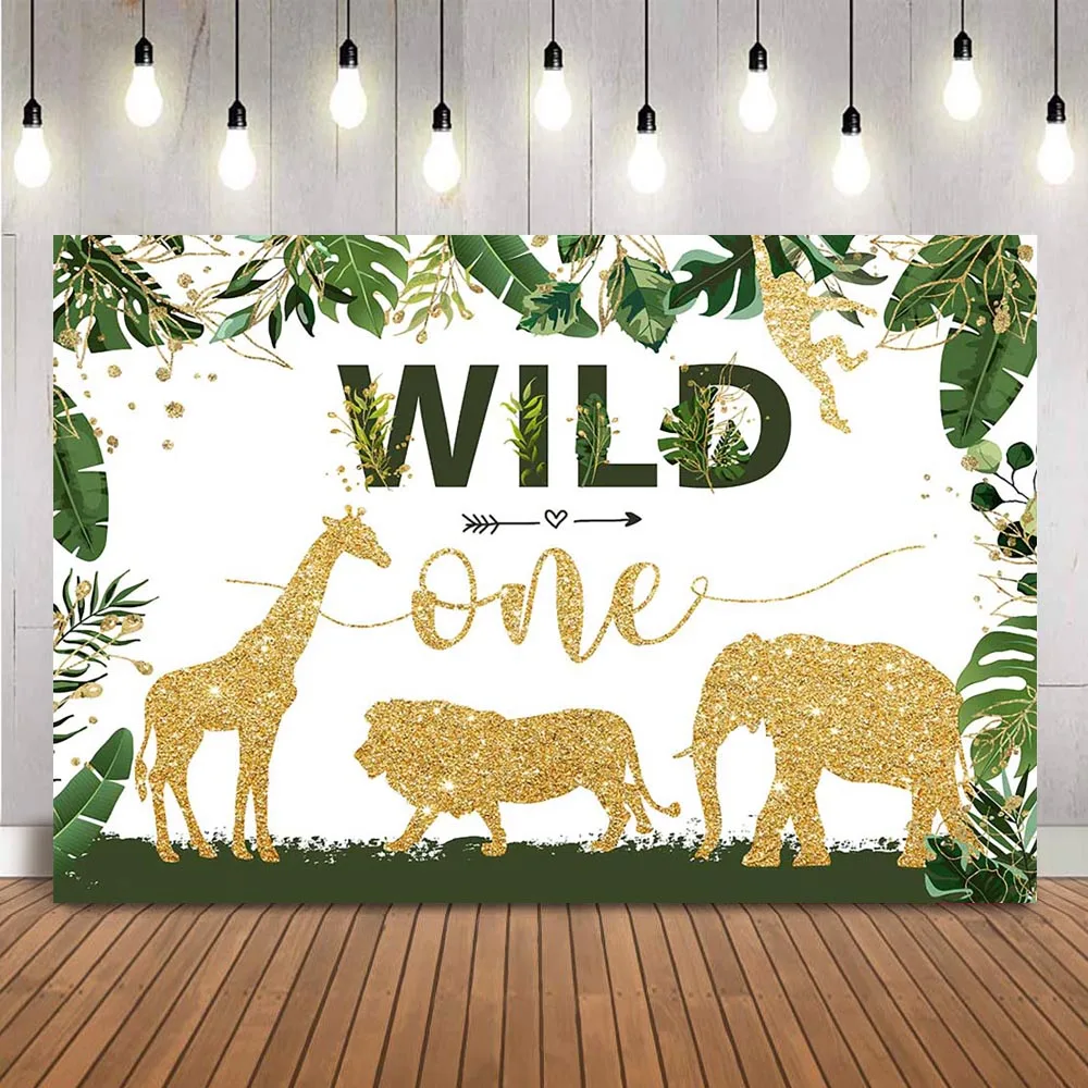 

И надписью «Wild One» для дня рождения фон сафари 1st День рождения фоновые Лесные зеленые листья фон для фотосъемки с изображением Золотой глиттер животных