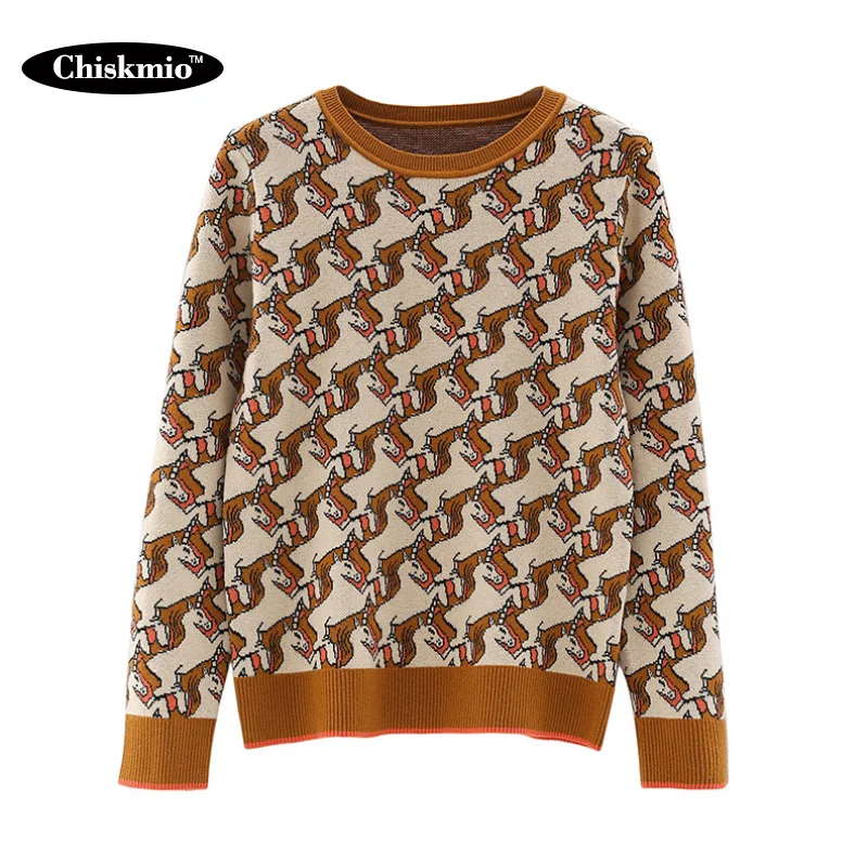 Geometric Unicorn Knitted Sweater Women Vintage Warm Tops Loose O-Neck Pullover Ladies Autumn Winter Casual Knitwear Harajuku | Женская