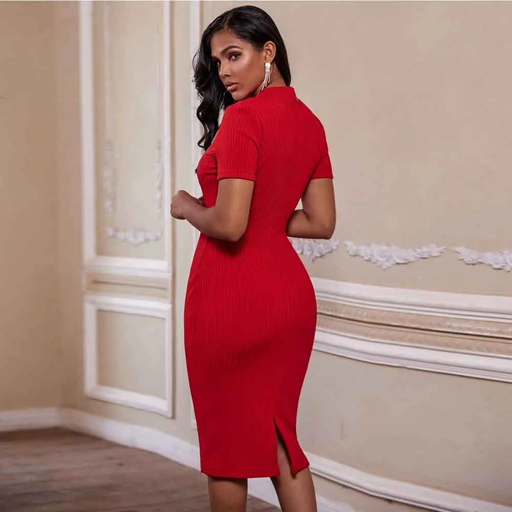 Женское Бандажное платье Maketina красное с круглым вырезом и коротким рукавом