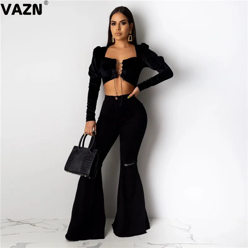 VAZN, высшее качество, размера плюс, Upmarket, свежие, прозрачные, сексуальные, для зрелых, офиса, Неопрятные, черные, с высокой талией, Wild Joker, тонкие, расклешенные женские джинсы