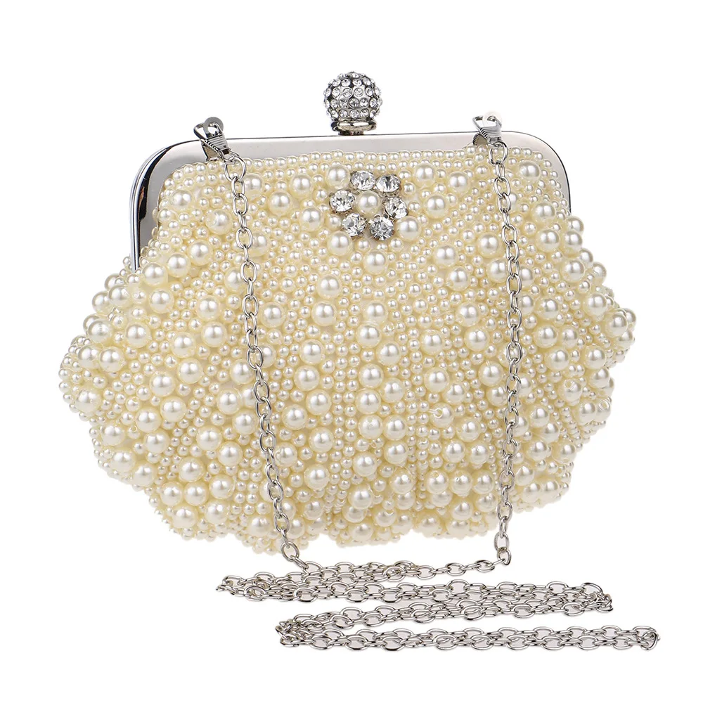 Женская вечерняя сумка в виде ракушки, украшенная бисером, ручной работы, с бриллиантами, на цепочке, сумка через плечо, кристальная Свадебная вечерняя сумка
