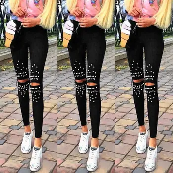 

Plus Size Leggings Knee Hole Leggings 2020 New Fashion Stretch Cut Holes Beads Decoration Women Pants Skinny High Waist Leggings