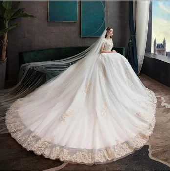

Lace Embroidery Wedding Dresses Vintage Long Train Wedding Gown V Neck Elegant Plus Size Bride Dress Vestido De Festa