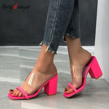 

Summer Sexy High Heel Shoes Women Sandals Transparent Candy Color Slippers Clear PU Slides Female Outdoor Casual Slip On Sandals
