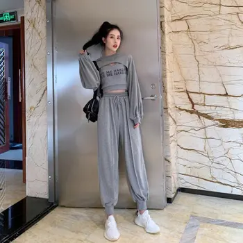 

Women Sets Chic Causual Letter Print Sets Korean Style Tops Spring Autumn Vest Pants 3 Pieces Sets