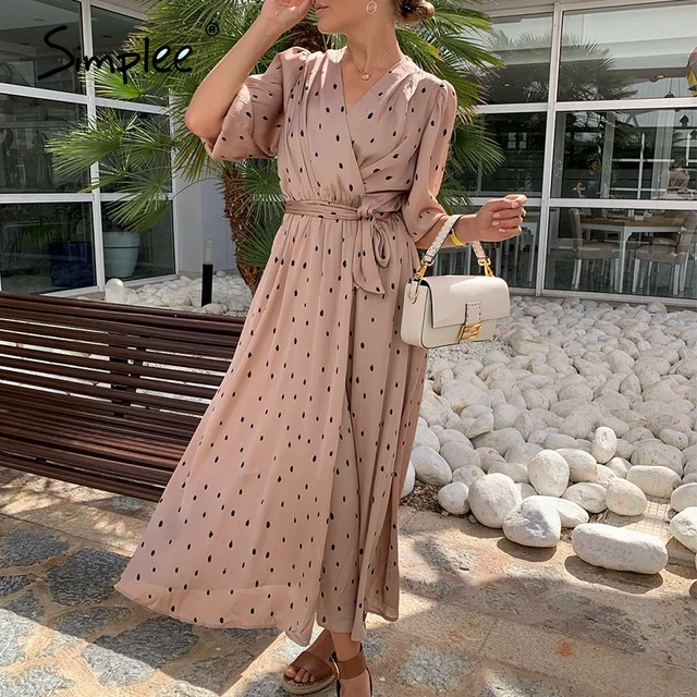 US $16.44 Simplee Polka dot women wrap dress Elegant puff sleeve a line v neck sash party dress Wrap work wea