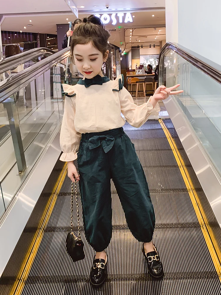 

New Arrival Foreign Trade Girls Suit Spring Fall Children's Fashion Bow Ruffles Clothing Set 2023 Students Casual Clothes X515