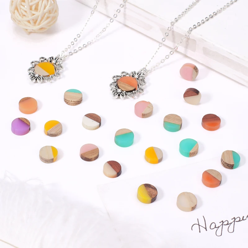 50pcs 10mm Resin & Wood Cabochons Resin Cabochon Flat Back for Jewelry Making DIY Bracelet Earring Accessories 10x3.5~4mm