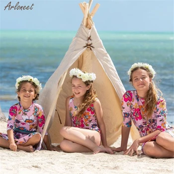 

Summer Swimwear Children Girls' Long Sleeve Floral Print One-Piece Swimsuit With Swimming Skirt Bathing New Fashion