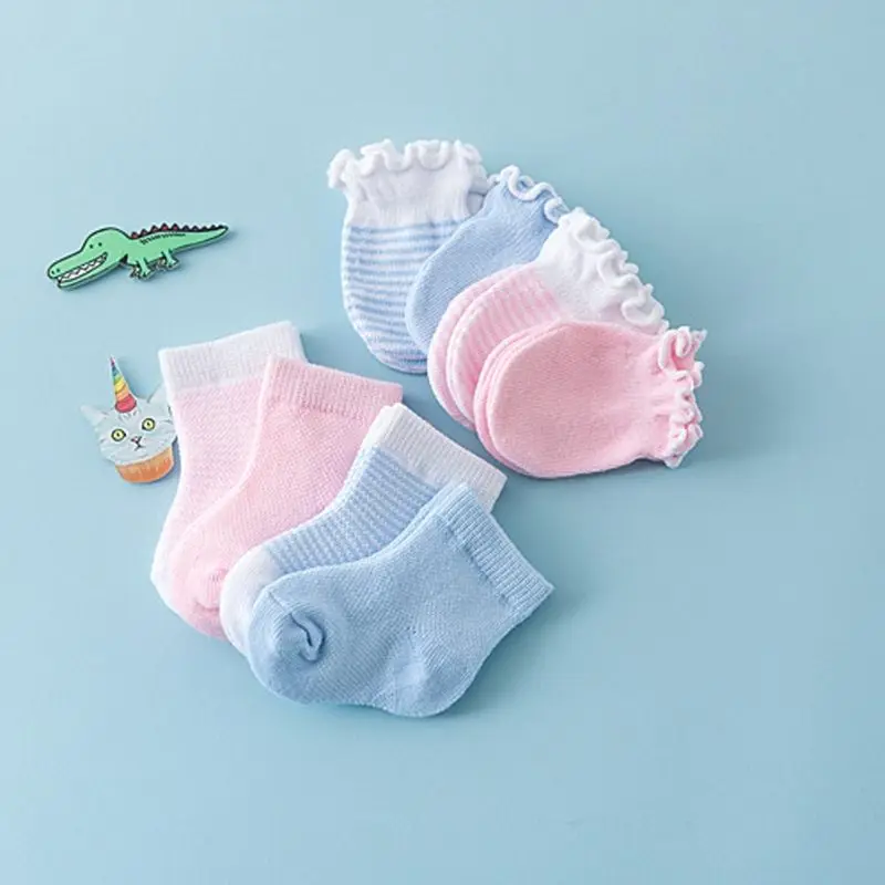4 пары, детские носки для новорожденных, перчатки, дышащие, эластичные, Защитные рукавицы для лица, подарок для душа, H3CD
