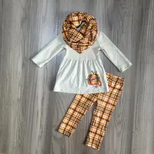 Осенне-зимний шарф с тыквой на День Благодарения для маленьких девочек; комплект из 3 предметов; бежевые клетчатые штаны; хлопковый бутик детской одежды