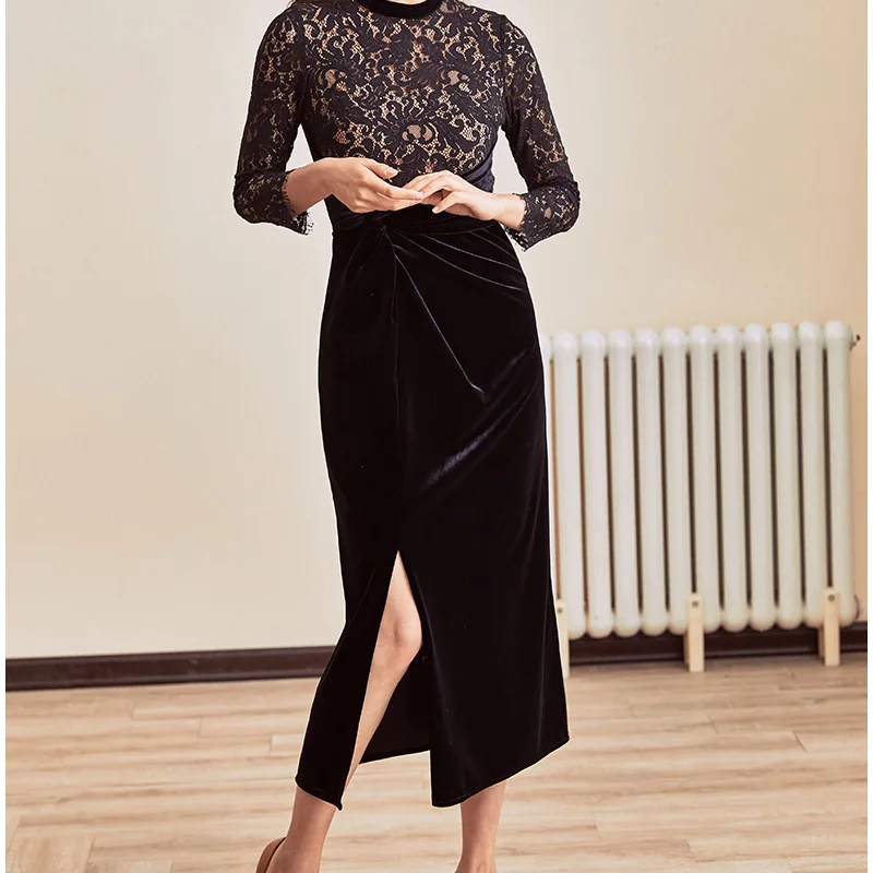

Origional Black And White with Pattern Evening Gown Women's 2019 Spring Clothing New Style Elegant Ladies' Slim Fit Base Full Bo