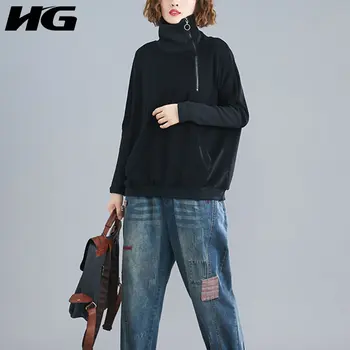 

HG Fashion Zipper High Collar Sweatshirt Plus Size Wild Leisure Top Women Black Streetwear Women Clothes 2019 Autumn XJ2755