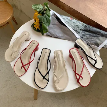

Women Slippers Sexy Korean Fashion Ladies Open Toe Med Heel Slides Outside Dress Slip On Casual Shoes Woman Sandals Comfortable