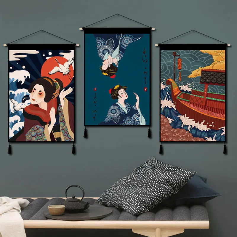 

Japanese Ukiyoe Canvas Paintings Wall Art Posters Sushi Restaurant Room Decor Aesthetic Wood Hanging Scroll Painting Tapestry