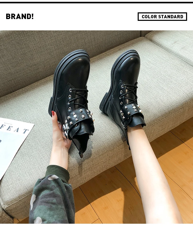 Women's Mid Calf Boots Rivets Shoes Low Heels booties Bootee Woman Booties Ladies Luxury Designer Round Toe Lace Up Rubber