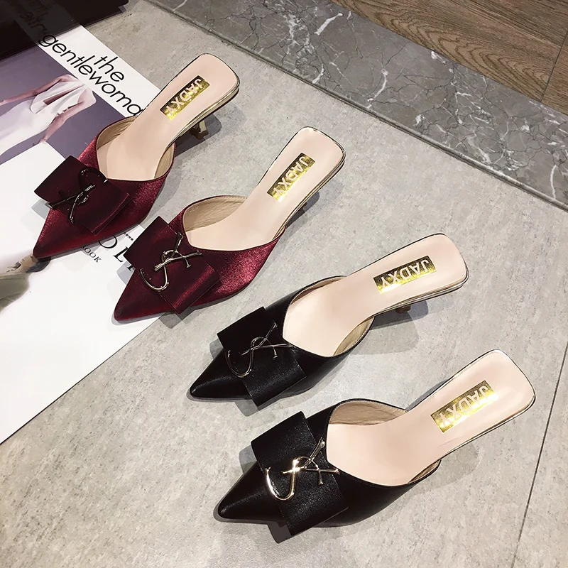 

zapatos mujer 2020 women slippers butterfly-knot spring autumn pointed toe black wine red high thin heels ladies shoes