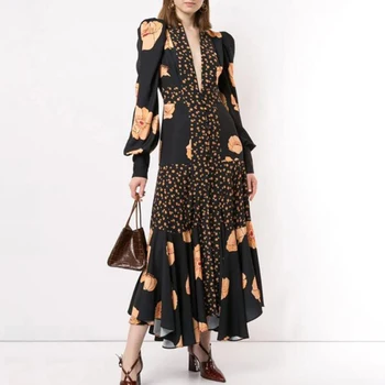 

Patchwork Print Dress Women V Neck Lantern Sleeve High Waist Dress
